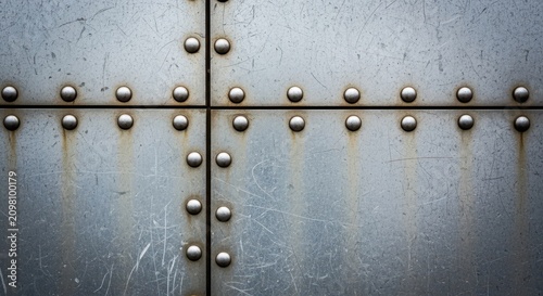 Close-up view of industrial metal panels featuring rows of steel rivets on a weathered surface, creating a strong heavy-duty construction look, pattern, texture, ship