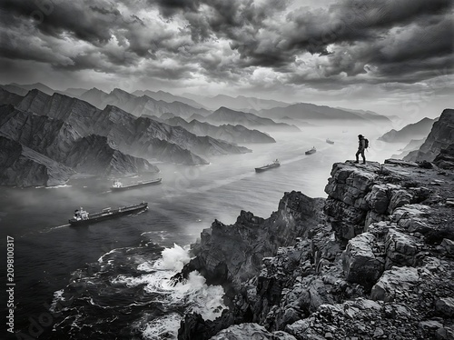 Strait of hormuz maritime shipping lane with merchant tankers and hiker on mountain cliff edge