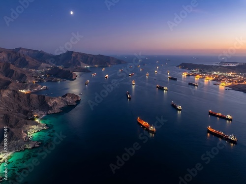 Nighttime aerial view of commercial tanker traffic in strait of hormuz with illuminated coastline