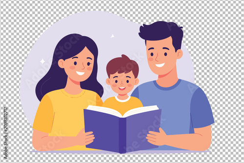 Happy family reading a book together with a child