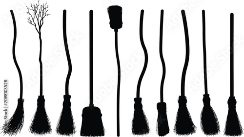 Tableau sur toile Broomstick silhouettes collection rustic handmade witch broom sweeping tools Hal