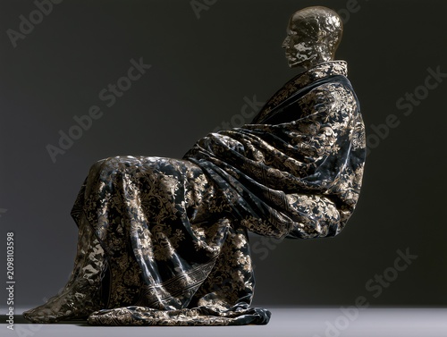 Levitating human silhouette made of liquid mercury and glass draped in velvet fabric under strong studio lights
