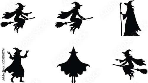 Tableau sur toile Mystical witches flying on broomsticks casting spells silhouette collection fant