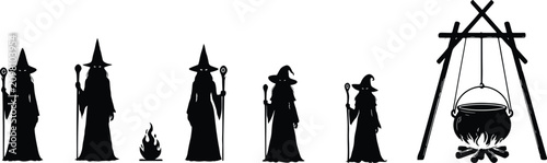 Cuadro en lienzo Wizard silhouettes collection with staffs campfire cauldron ritual fantasy Hallo