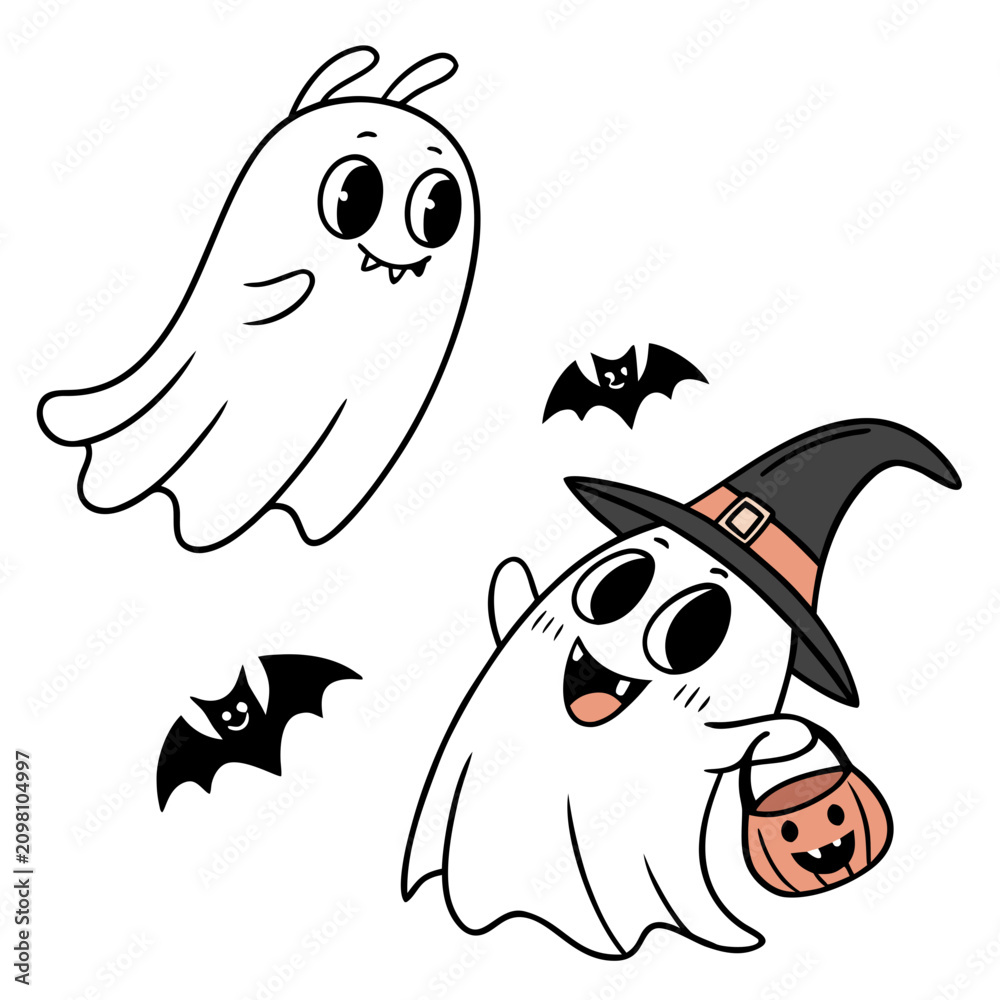 Fototapeta premium Set of cloth Ghosts. Flying Phantoms. Halloween scary ghostly monsters. Cute cartoon spooky characters. Holiday Silhouettes. Hand drawn trendy Vector illustration. All elements are isolated