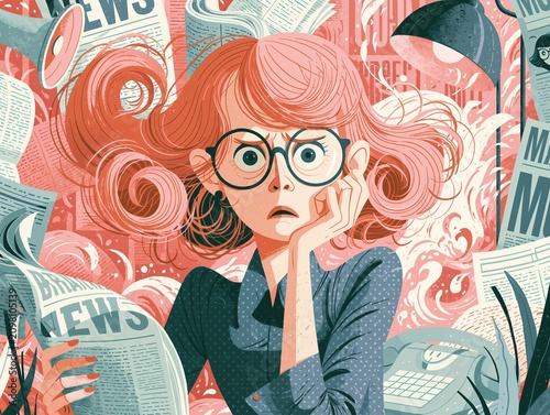 Breaking news illustration showing a woman shocked by unexpected events at her desk surrounded by newspapers and a phone