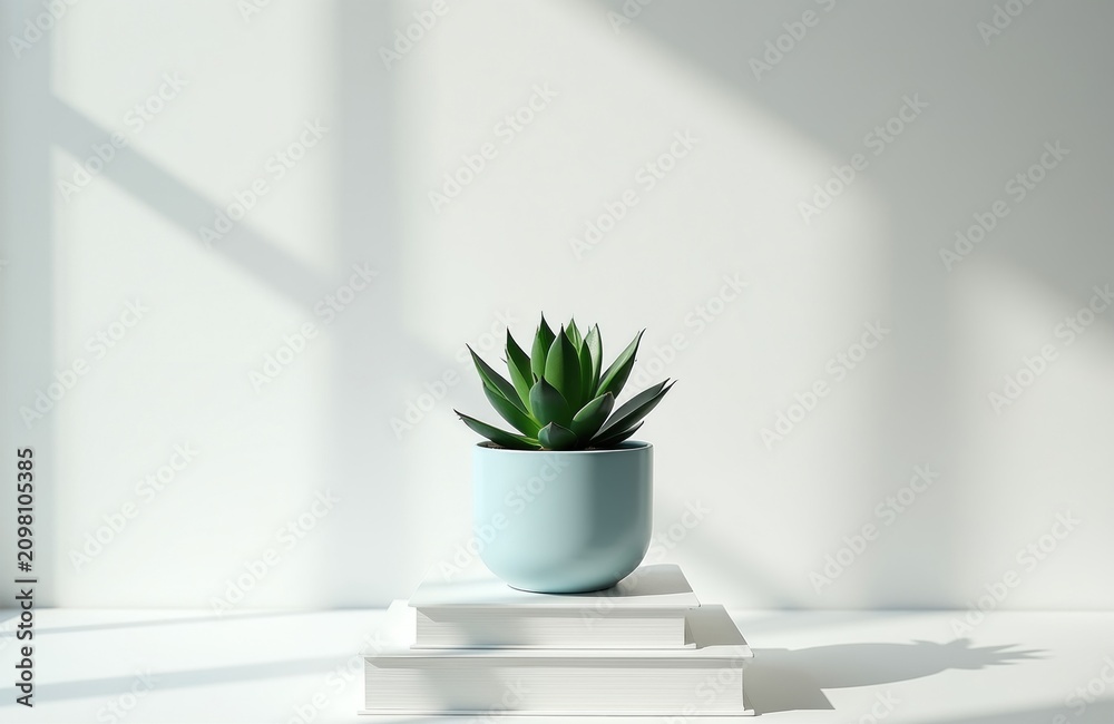 Fototapeta premium Potted succulent sits on stacked books. Clean background with soft light and shadow. Minimalist home decor item on white surface. Space for text.