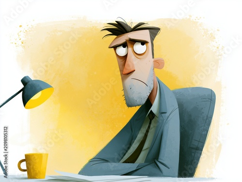Office worker looks frustrated while sitting at desk near lamp and coffee cup in bright room during daytime
