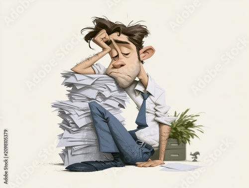 Office worker sits on the floor surrounded by a large pile of paperwork, looking tired and stressed at their desk in the office