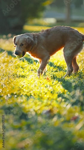 Golden retriever puppy playfully explores grassy park area, sniffing and searching for a ball, sunlight illuminating the vibrant green surroundings