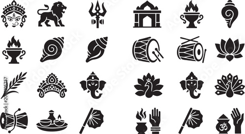 Set of black silhouette icons representing traditional indian culture and symbols