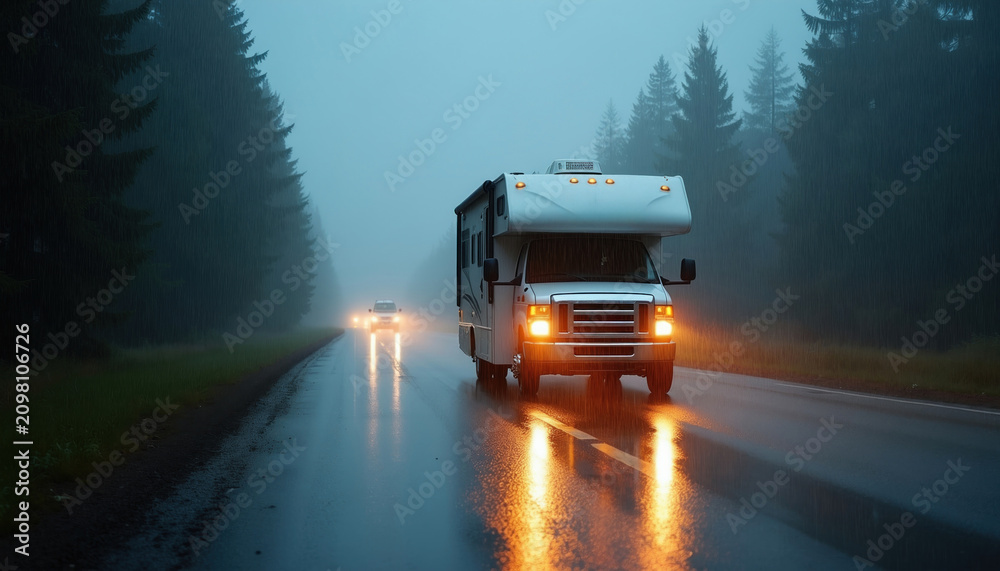Obraz premium White recreational vehicle drives on wet asphalt road during heavy rainstorm at night. Camper van travels along pine forest highway with bright headlights glowing on dark surface. Moody atmosphere
