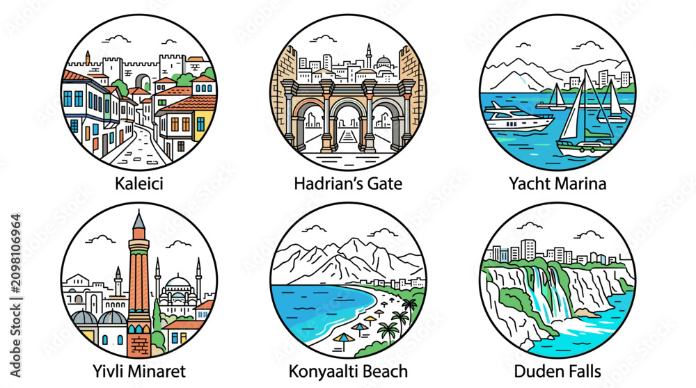 Obraz premium Colorful Circular Antalya Landmark Icons Set Featuring Kaleici Hadrian's Gate Yacht Marina Yivli Minaret Konyaalti Beach and Duden Falls Vector Illustration