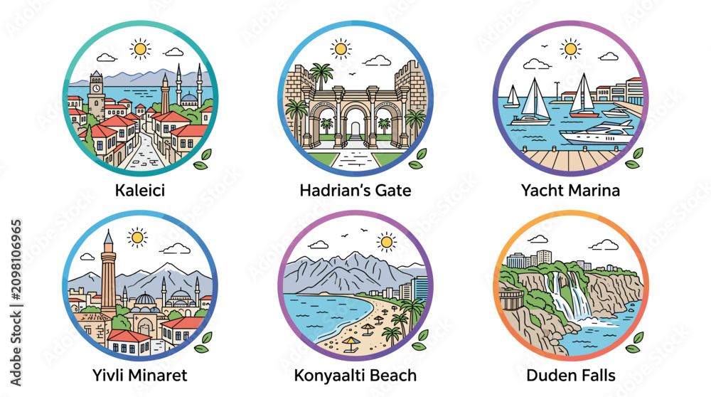 Obraz premium Colorful Circular Antalya Landmark Icons Set Featuring Kaleici Hadrian's Gate Yacht Marina Yivli Minaret Konyaalti Beach and Duden Falls Vector Illustration