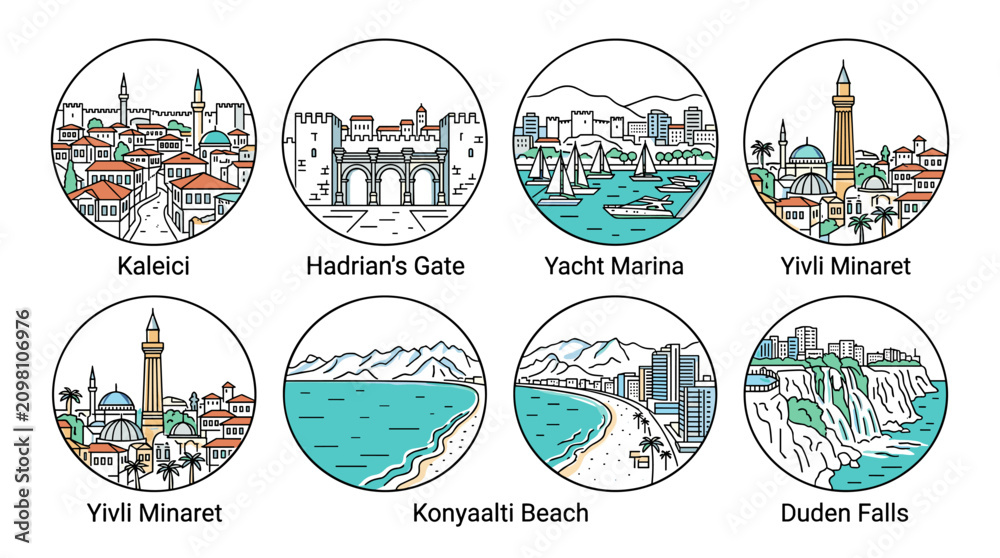 Obraz premium Colorful Circular Antalya Landmark Icons Set Featuring Kaleici Hadrian's Gate Yacht Marina Yivli Minaret Konyaalti Beach and Duden Falls Vector Illustration