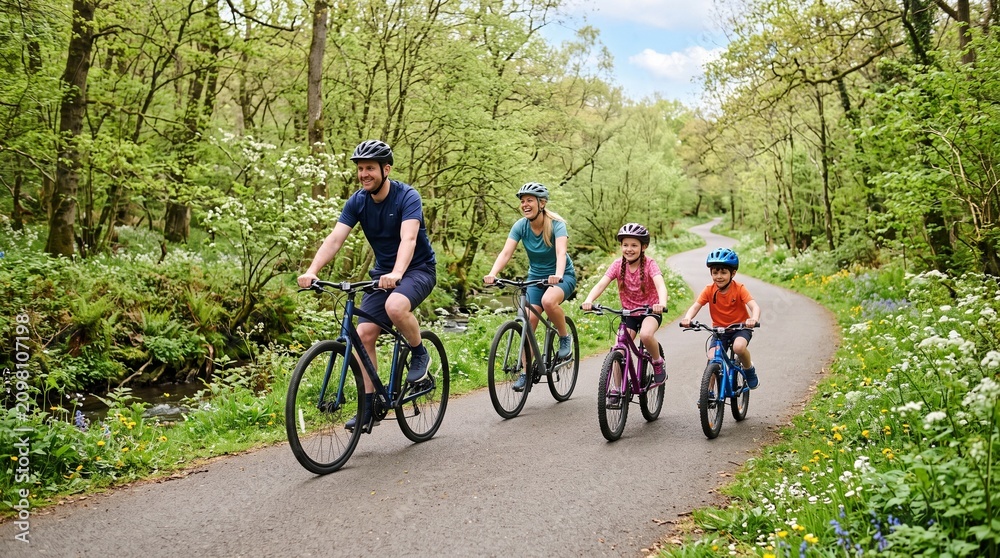 Fototapeta premium Happy family cycling together on a scenic forest path surrounded by lush green trees and wildflowers