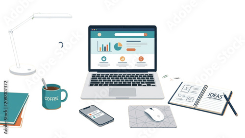 Professional workspace with laptop, notebooks, tablet, and office supplies on a desk Vector
