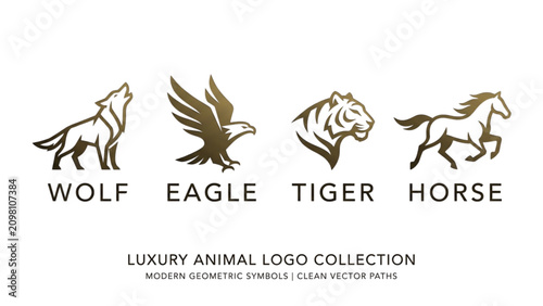 Four animal icons wolf eagle tiger and horse in minimalist line art style Vector
