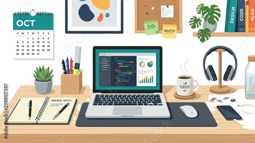 Creative workspace with laptop, notebooks, and office supplies on a wooden desk with colorful stationery and decorative items Vector