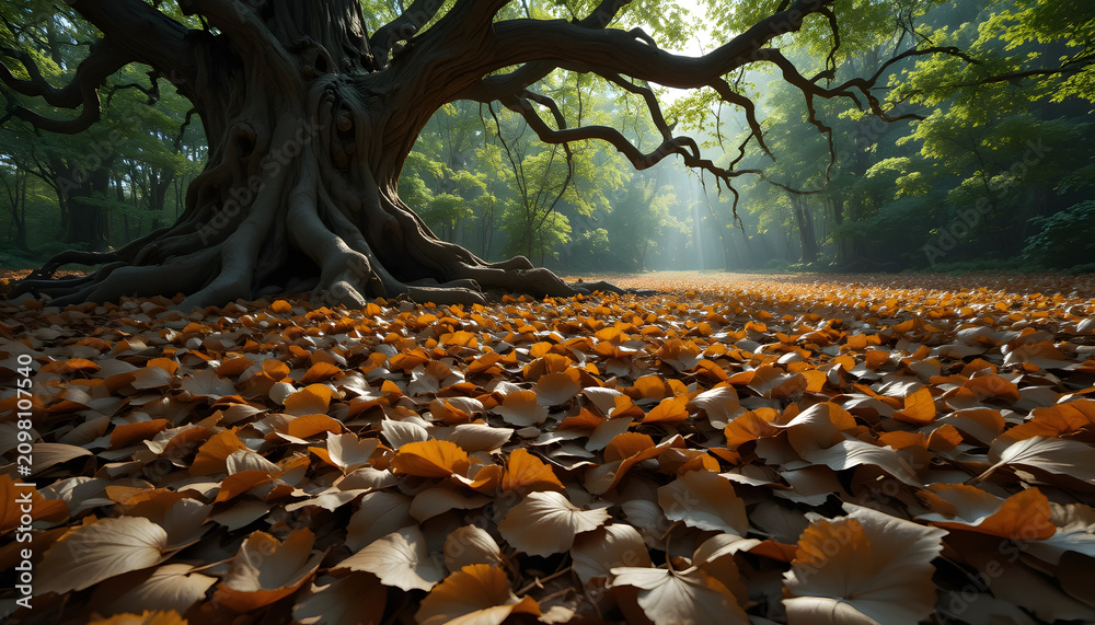 Obraz premium Earthy Brown Leaf Blanket Beneath Gnarled Tree In Sunlight Landscape Image