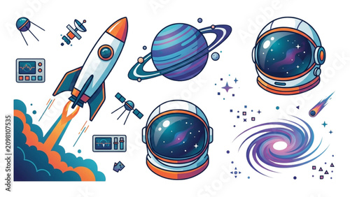 Colorful futuristic space and technology elements with planets, rockets, and abstract designs in a cosmic setting Vector