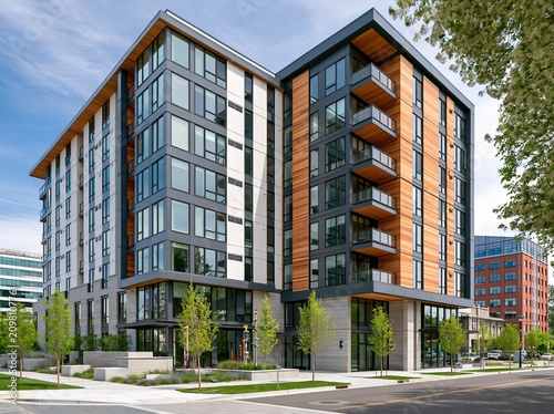 Modern apartment building shows clean lines and open spaces in a busy urban area during daylight hours