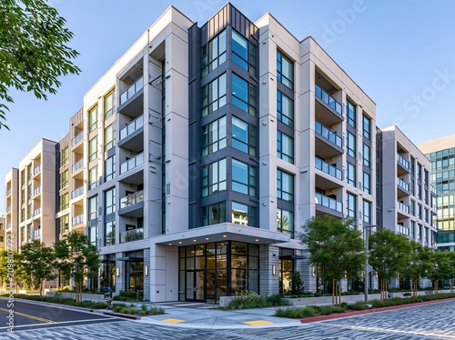Modern apartment building showcases clean architecture in daylight in a busy urban area