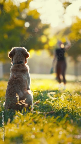 Golden retriever dog sits on grass while owner approaches in a sunlit park, showcasing a serene moment of companionship and connection in nature