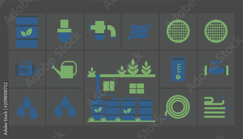 Water management and rain harvesting system icons depicted with industrial dark green and blue accents for eco friendly utility.