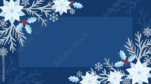 Fotografi Snowflakes and berries decorate a blue background with floral patterns and winter elements