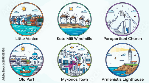 Colorful Mykonos Greece Landmark Round Line Icon Set Featuring Little Venice Kato Mili Windmills Panagia Paraportiani Old Port Mykonos Town and Armenistis Lighthouse Vector Illustration
