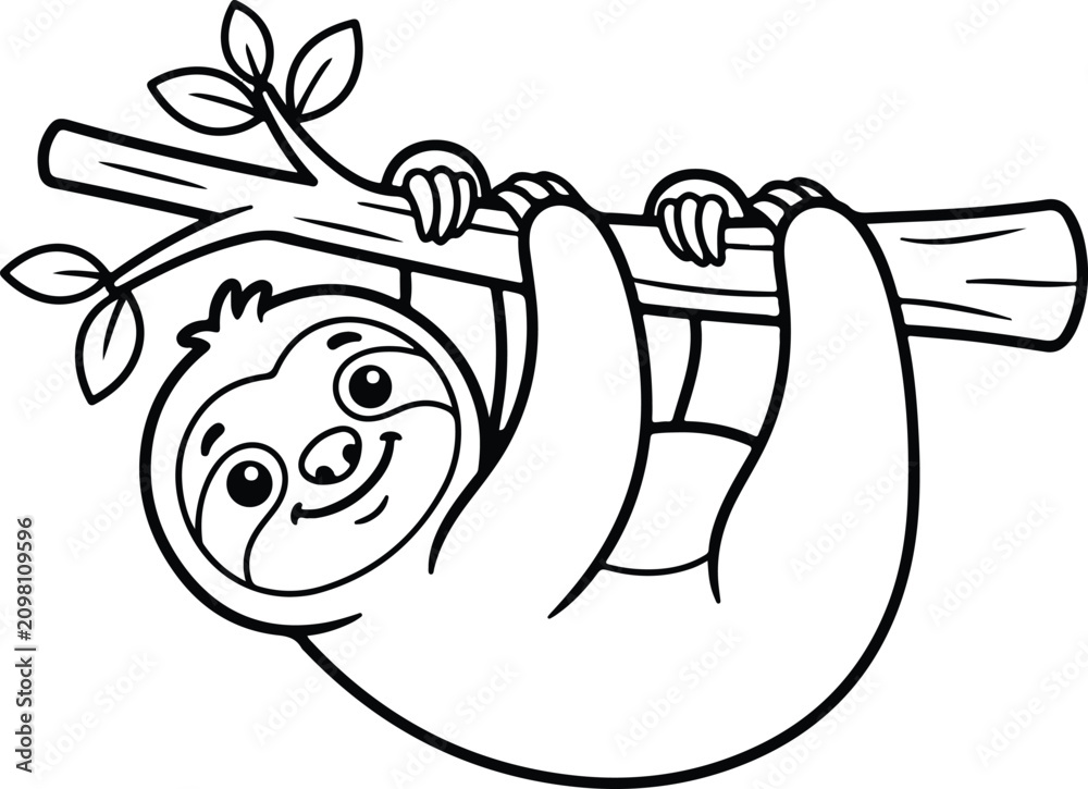 Fototapeta premium Cute baby sloth hanging from a tree branch. Outline drawing for kids coloring book activity.
