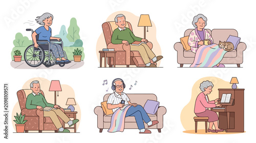 Senior citizens engaging in leisurely activities at home and outdoors in a vibrant and cozy environment