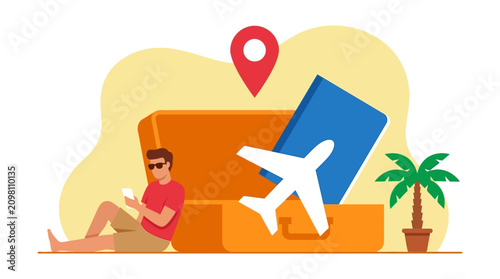 Konstfotografi Man sitting on luggage with airplane and palm tree nearby on vacation