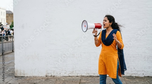 Young Indian woman in an orange tunic shouting into a megaphone beside a white wall Wallpaper Background image