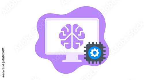 Obraz na płótnie A futuristic illustration of a brain on a computer screen with a gear, symbolizing technology and innovation in a thought-provoking concept