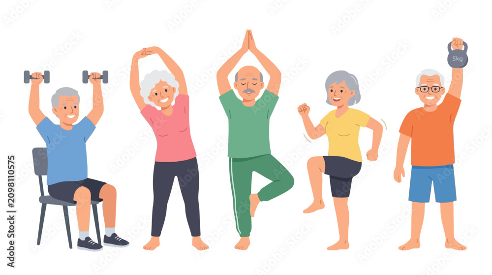 Fototapeta premium Group of elderly people engaging in various light exercise activities to promote health and well-being together