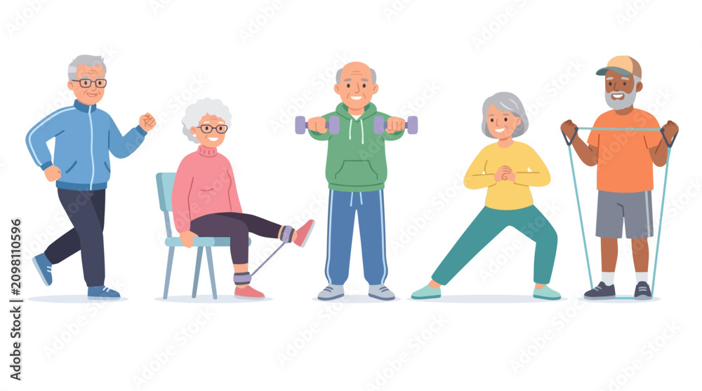Fototapeta premium Diverse elderly individuals engaging in healthy lifestyle activities together in a bright setting