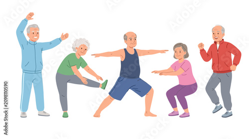Cheerful elderly group participating in outdoor fitness activities engaging in stretching and balance exercises for health and