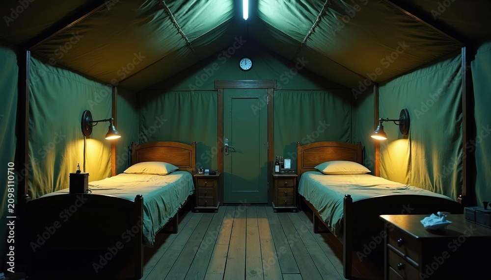 Fototapeta premium Military tent interior at night showing two beds ready for soldiers rest. Army base camp quarters have wood floor and green walls with wall lamps. A clock shows passing time for weary warriors.