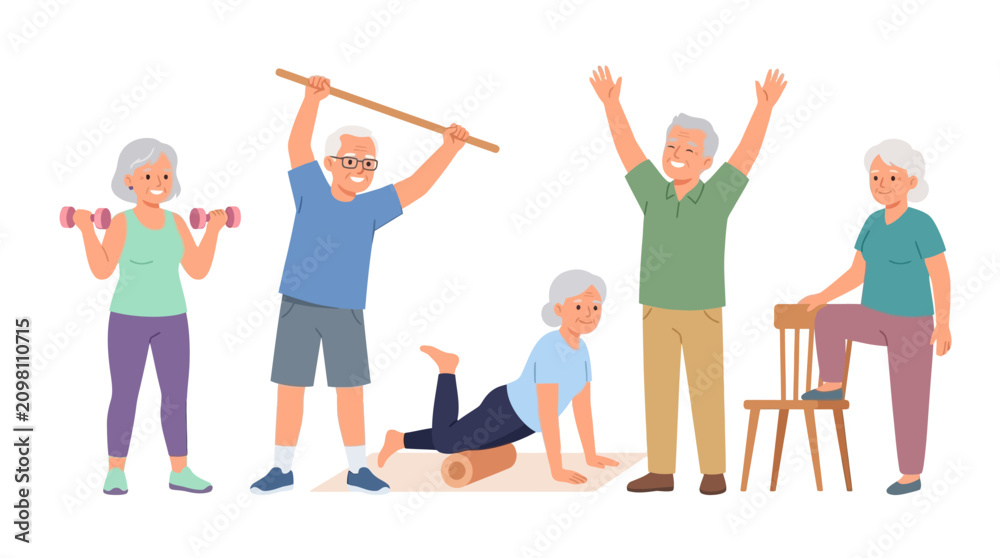 Fototapeta premium Elderly Adults Engaged in Lighthearted Fitness Activities Including Weights and Yoga in a Vibrant Community Setting