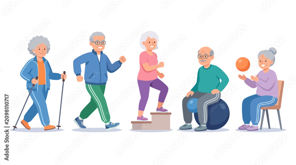 Fototapeta premium Elderly individuals engaging in various physical activities promoting health and social interaction across different settings