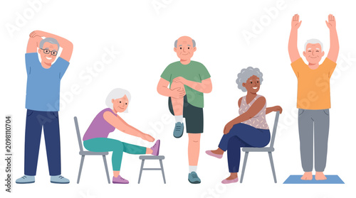 Diverse group of elderly individuals engaging in stretching and relaxation exercises in a bright indoor setting promoting