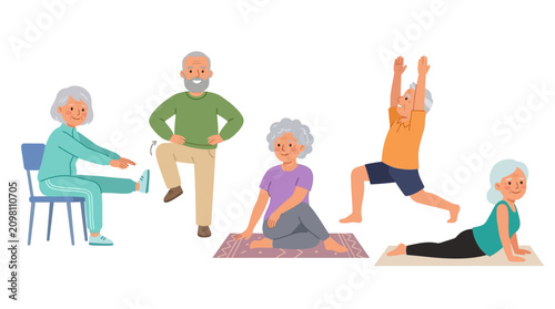 Diverse group of senior individuals engaging in gentle outdoor activities and yoga for health and social connection