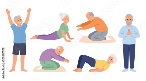 Senior citizens practicing gentle yoga and mindfulness exercises for health and well-being in a supportive group setting