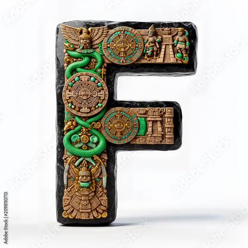 letra F, aztecas, serpiente, emplumado, piramide, mexico, calendario, azteca, jade, tallado, artesanal, obsidiana, negro, simbolismo, mexicanidad, identidad, pueblo, precolombino, uensilios, abecedari