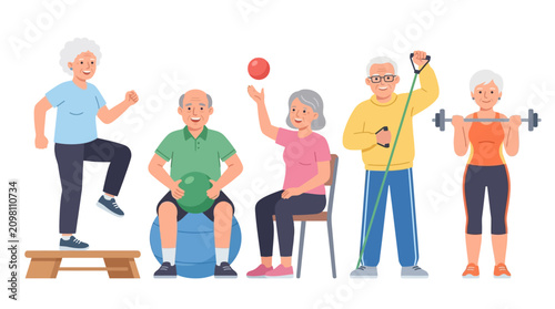 Elderly group engaging in diverse physical activities promoting health and social interaction in a cheerful setting