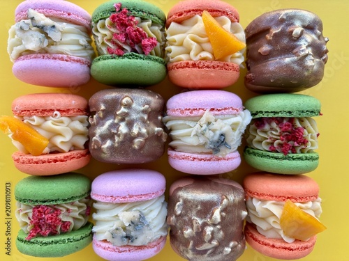 Flat lay of a 3x4 grid showcasing colorful gourmet macarons with artisanal fillings on a bright yellow background. Features unique flavors including macarons stuffed with blue cheese, dried raspberrie