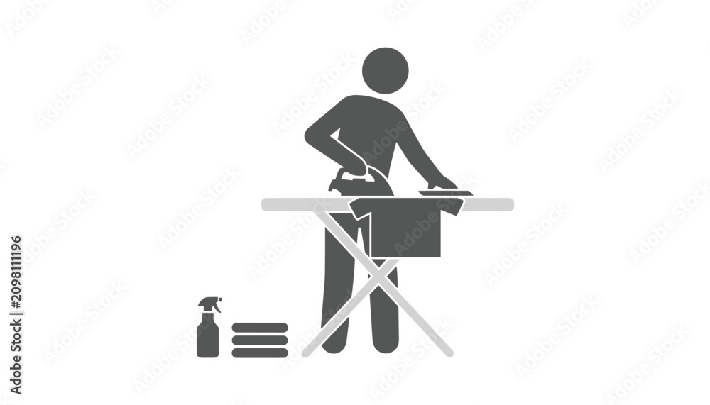 Fototapeta premium Person ironing a clean shirt on a flat board with a spray bottle and stack of folded fabric waiting in a minimalist home utility setting.