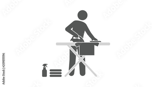 Person ironing a clean shirt on a flat board with a spray bottle and stack of folded fabric waiting in a minimalist home utility setting.